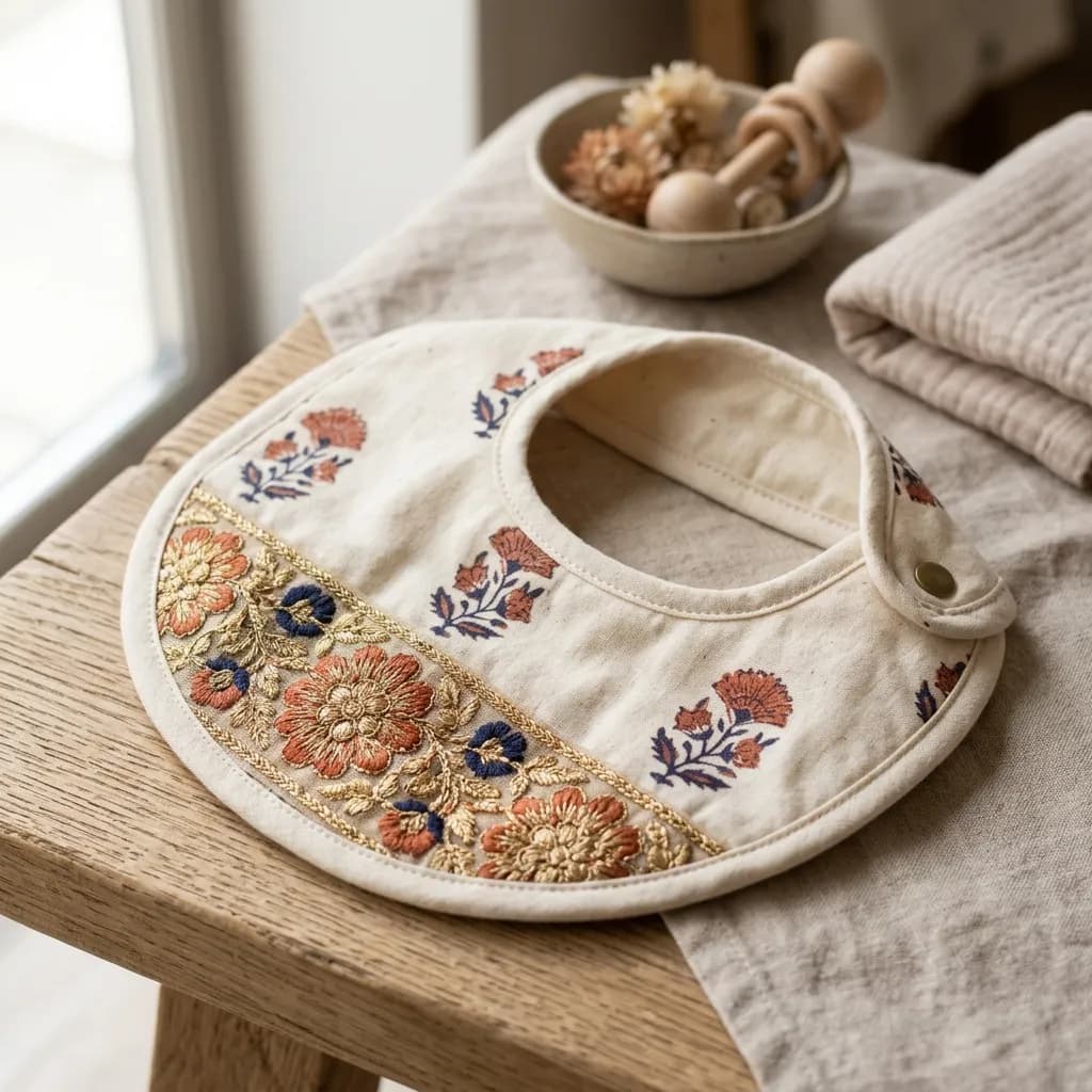 インド刺繍リボンをあしらったベビースタイ