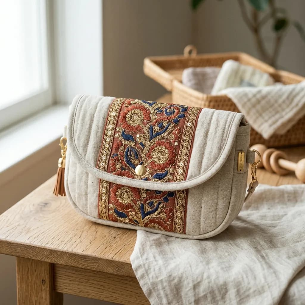 インド刺繍リボンをあしらったおむつポーチ