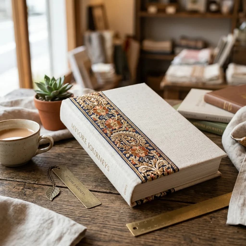 インド刺繍リボンをあしらった布製ブックカバー