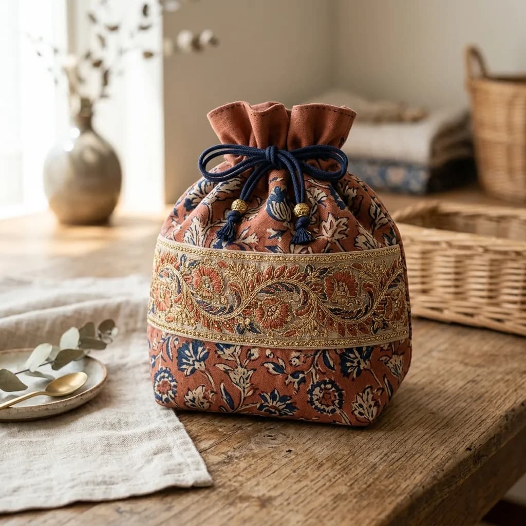 インド刺繍リボンをあしらった巾着袋