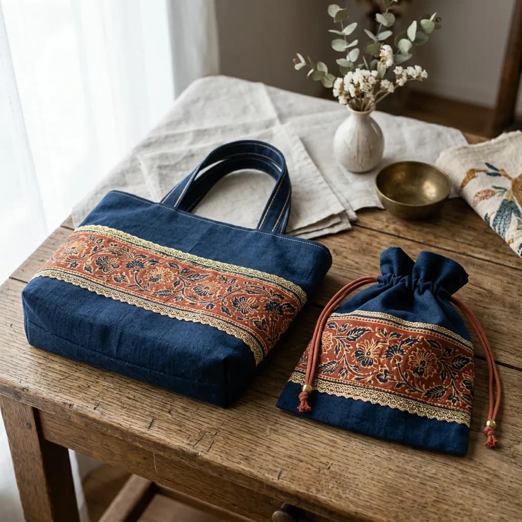 インド刺繍リボンをあしらったお受験バッグ・巾着セット