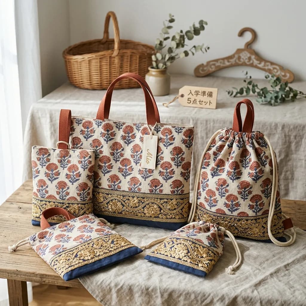 インド刺繍リボンをあしらった入園入学5点セット