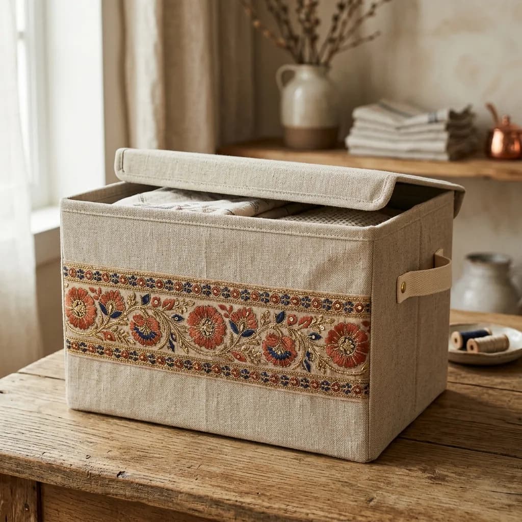 インド刺繍リボンをあしらったファブリック収納ボックス