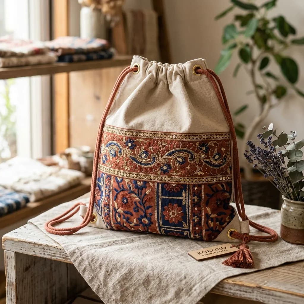 インド刺繍リボンをあしらった体操着袋ナップサック