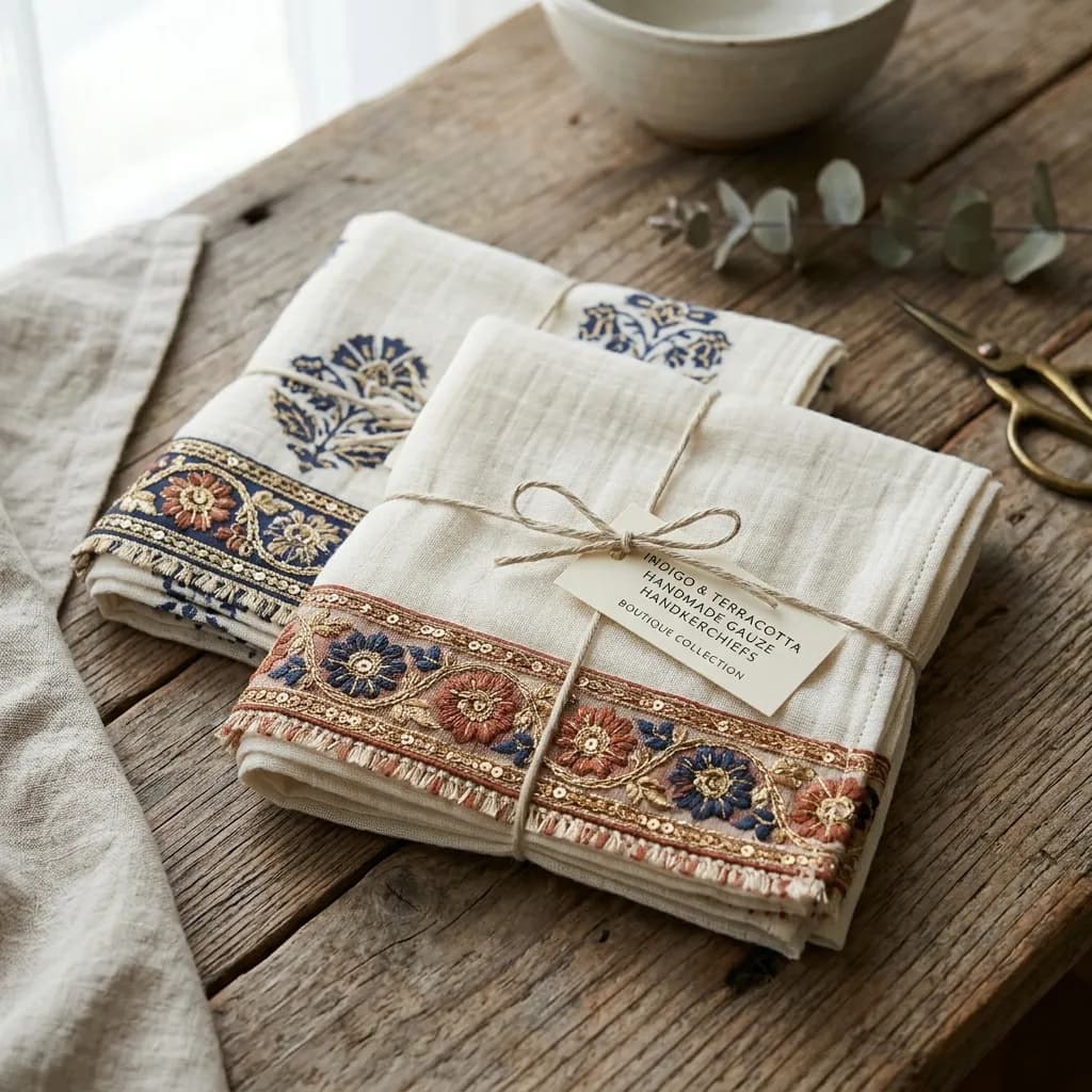 インド刺繍リボンをあしらったガーゼハンカチセット