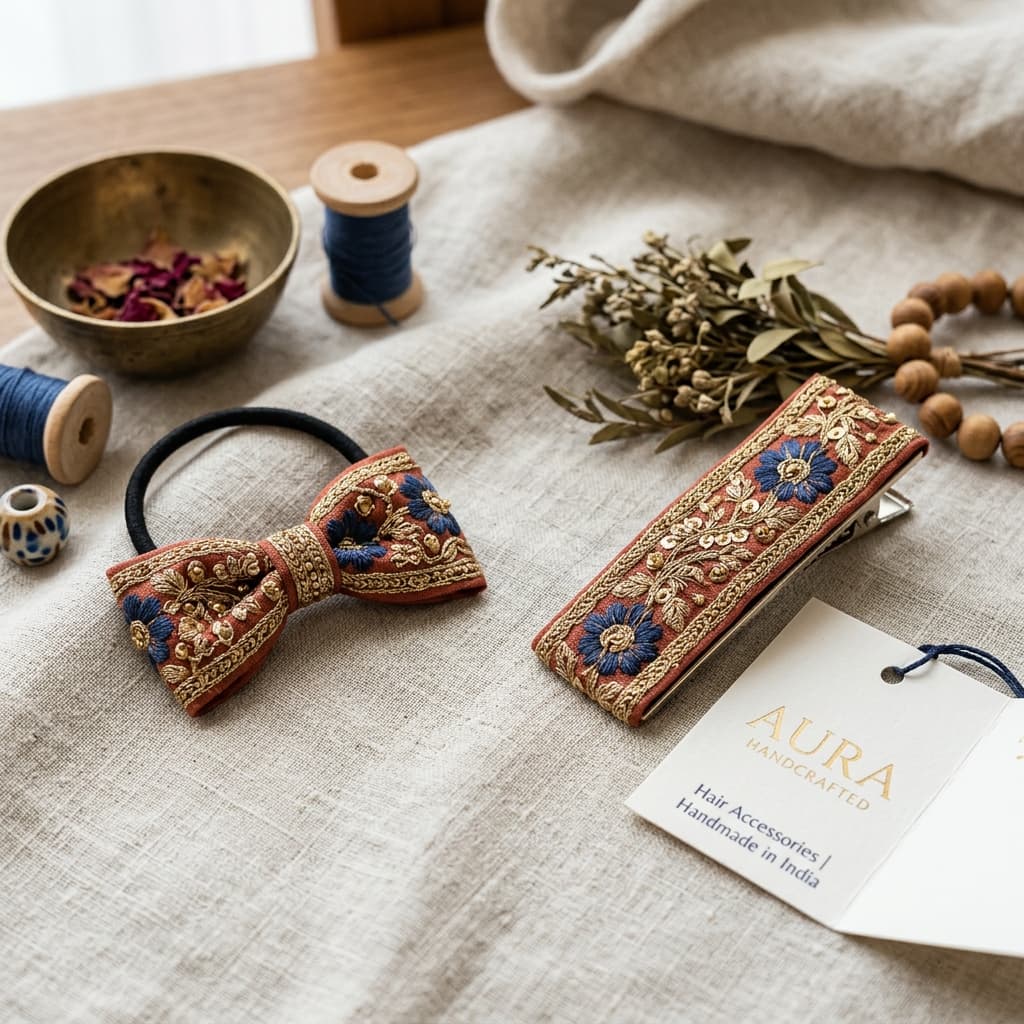 インド刺繍リボンをあしらったヘアゴム・ヘアクリップ