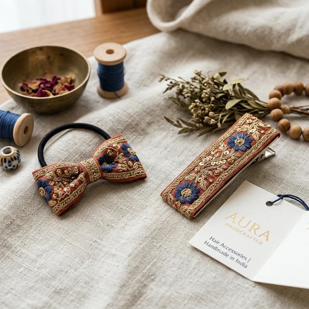 インド刺繍リボンをあしらったヘアゴム・ヘアクリップ
