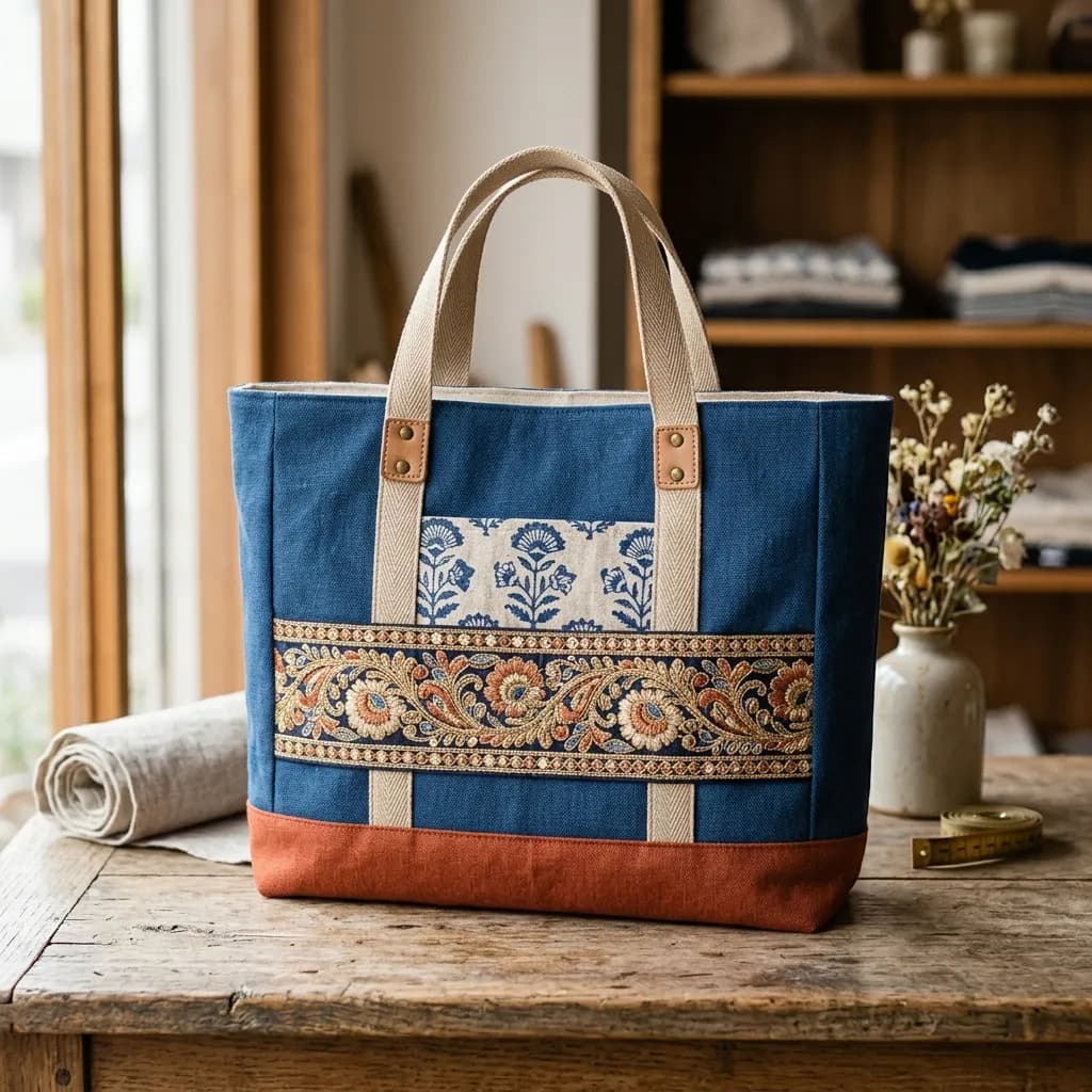 インド刺繍リボンをあしらったレッスンバッグ