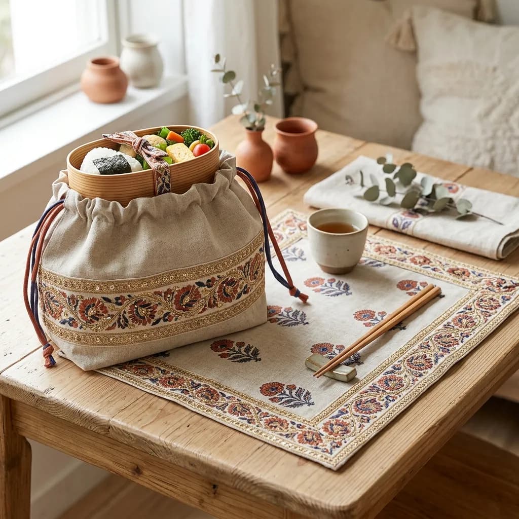 インド刺繍リボンをあしらったお弁当袋とランチョンマットセット