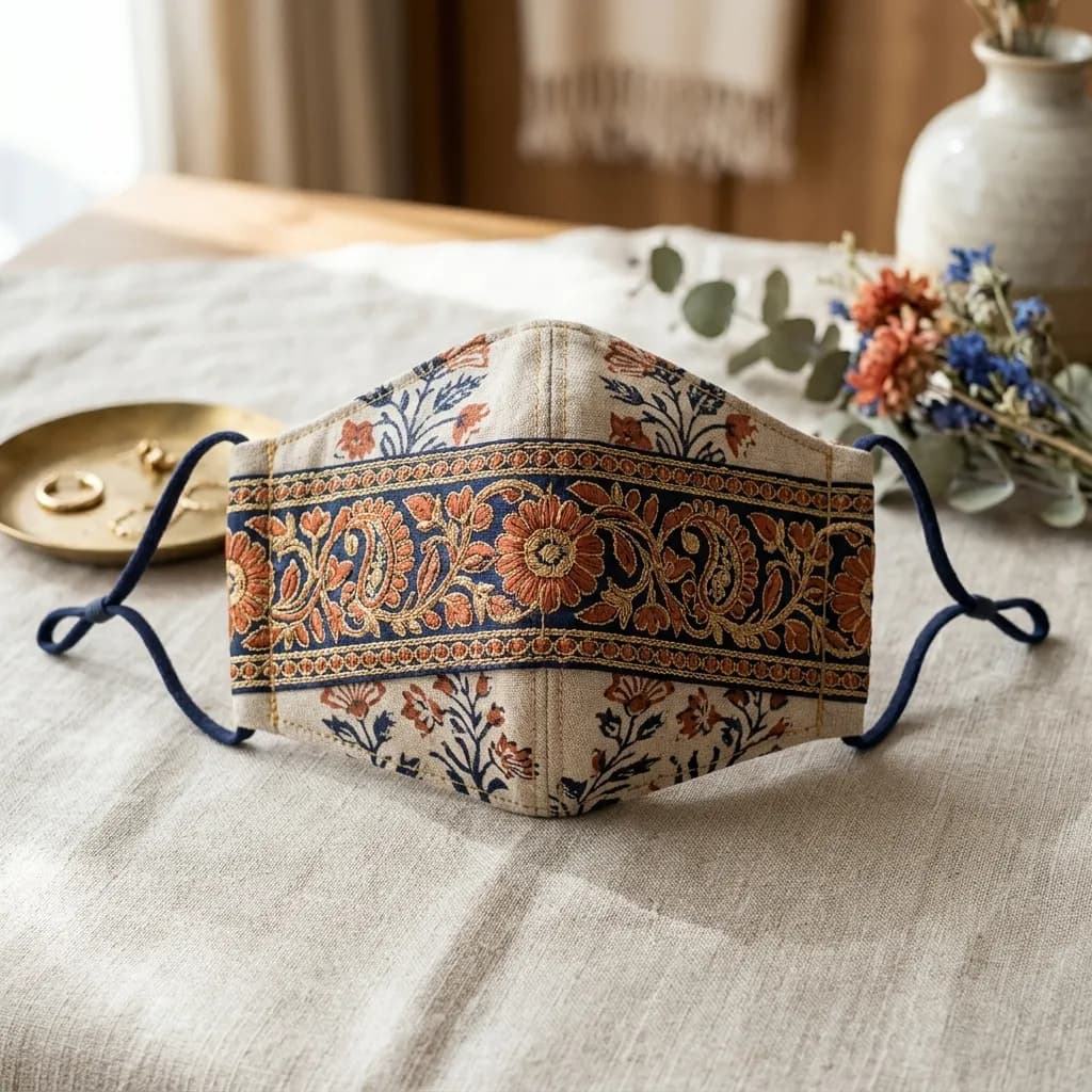 インド刺繍リボンをあしらった立体布マスク