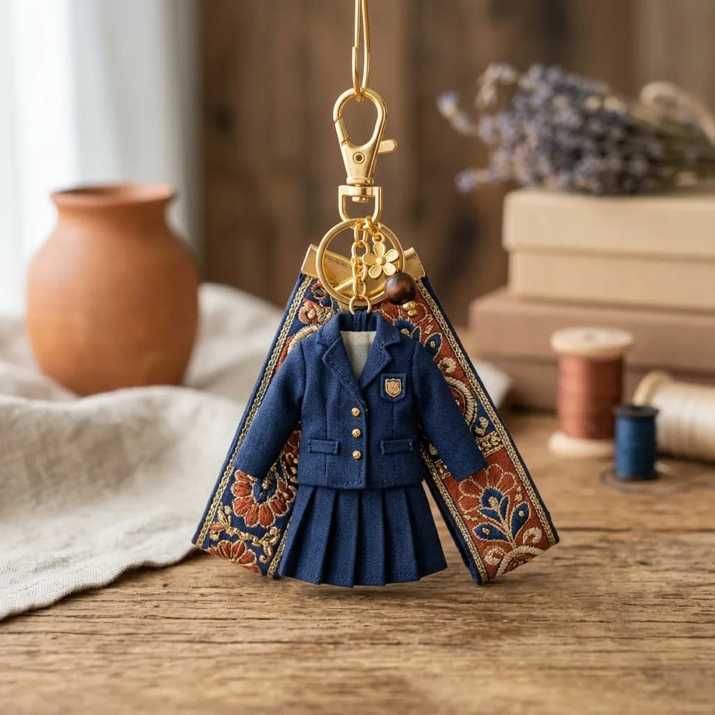 インド刺繍リボンをあしらったミニチュア制服キーホルダー
