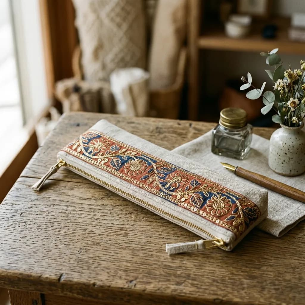 インド刺繍リボンをあしらったスリムペンケース