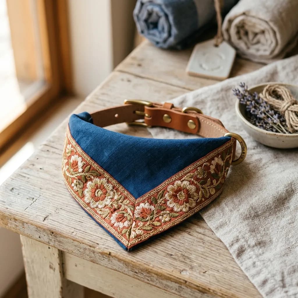 インド刺繍リボンをあしらったペット用バンダナ襟