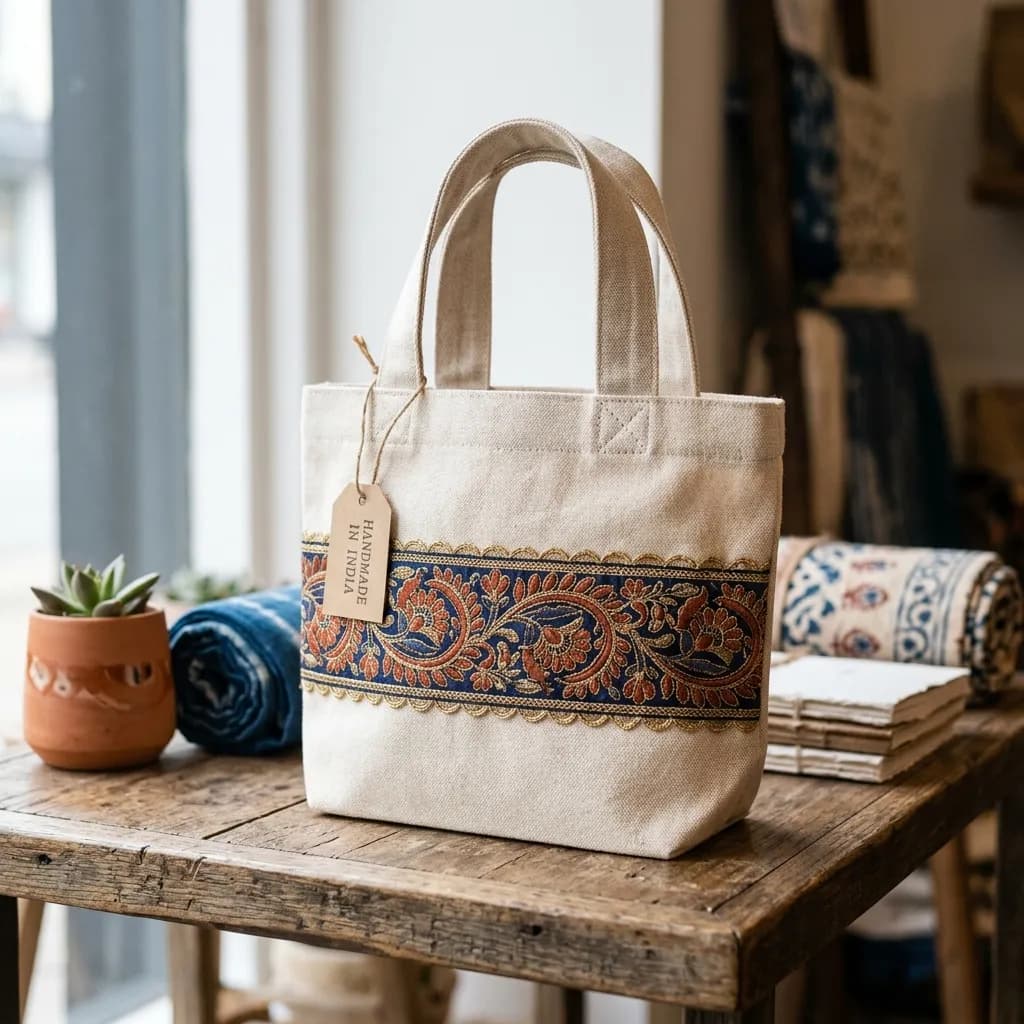 インド刺繍リボンをあしらったミニキャンバストートバッグ